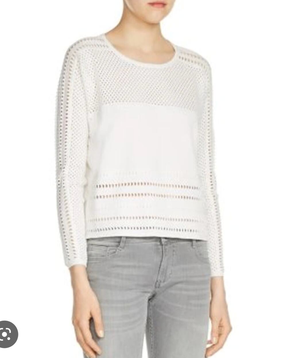 MAJE Mufina White Perforated Open Knit Long Sleeve Crew Sweater Size 1 Small